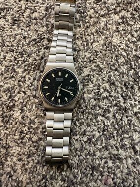Seiko Silver Stainless Steel Watch with Black Dial